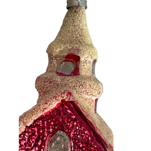 Vintage 3.75" West Germany Glass Church Ornament Red Mica Snow Steeple 1950 - Picture 4 of 8